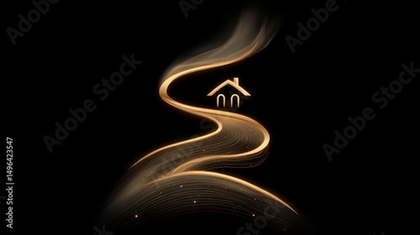Fototapeta An abstract house shape formed from a series of colorful wavy lines is an innovative real estate concept, modern architecture, or an environmentally friendly company.