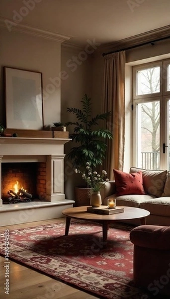 Fototapeta Cozy living room interior, featuring a warm fireplace, comfortable furniture, and soft lighting creating a welcoming and relaxing atmosphere for a perfect stay at home , fireplace, dwelling, hygge