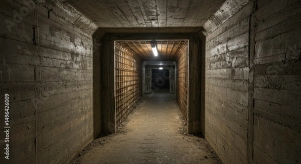 Fototapeta Tunnel Perspective: A dimly lit concrete tunnel with strong perspective, creating a sense of depth and mystery. The textures of the walls and the subtle light create an atmosphere of intrigue.