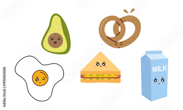 Obraz Breakfast Food Kawaii Doodle Set Vector Illustration