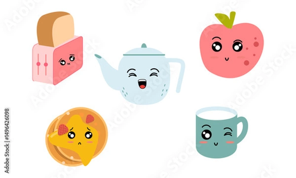 Obraz Breakfast Food Kawaii Doodle Set Vector Illustration