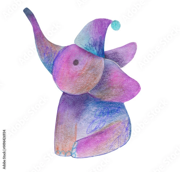 Obraz A cute, purple watercolor elephant is sitting on a colorful cloud