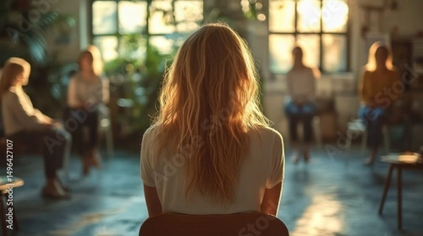Fototapeta Group therapy or support meeting with five women sitting in a circle in a bright room with large windows and natural light creating a warm and reflective atmosphere