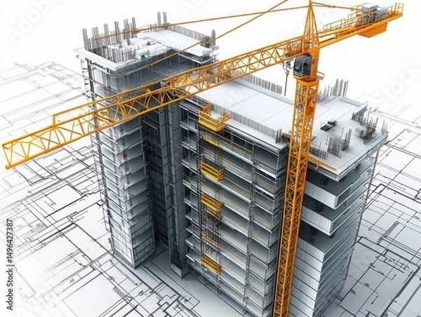 Fototapeta High-rise building under construction with detailed concrete structure and bright yellow crane surrounded by architectural blueprints creating a sense of industrial progress