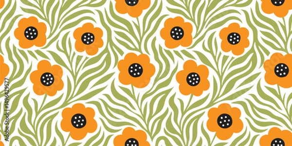 Fototapeta Orange flowers, abstract leaves on white background. Seamless pattern for fashion design, fabric, wallpaper and all kinds of prints.