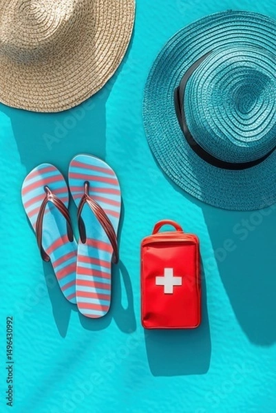 Fototapeta Two summer straw hats, striped flip-flops, and a red first aid kit arranged on a bright turquoise surface evoking a sunny beach or vacation vibe