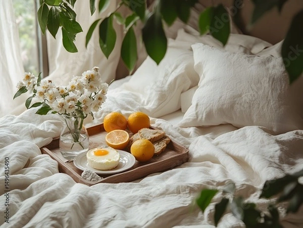 Fototapeta Cozy Breakfast in Bed with Fresh Fruits and Flowers on Tray