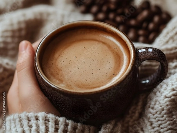 Fototapeta Warm Coffee Cup in Cozy Hands with Coffee Beans in Background