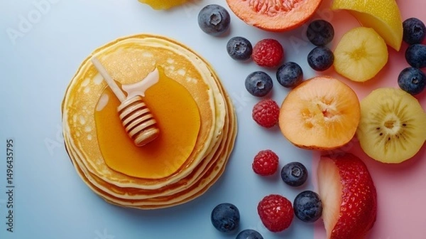 Fototapeta Delicious Pancakes with Honey and Fresh Fruit Arrangement