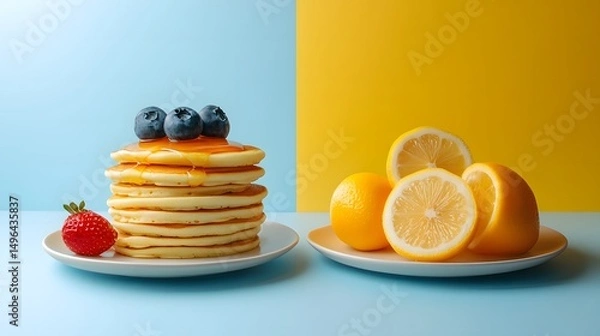 Fototapeta Colorful Pancakes with Fresh Fruits on Vibrant Yellow and Blue Background