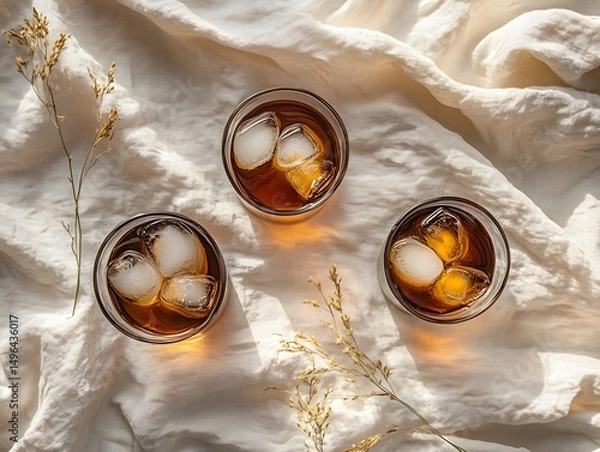 Fototapeta Refreshing Cocktails with Ice in Elegant Glasses on Soft Linen Fabric