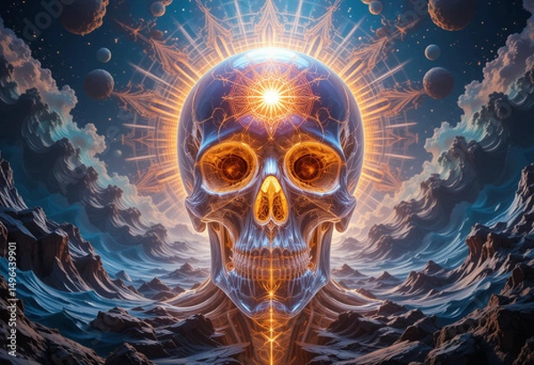 Fototapeta Translucent Crystal Skull with Radiant Third Eye in Psychedelic Mandala