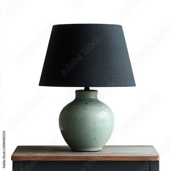 Fototapeta Minimalist ceramic table lamp with a speckled light green base and a simple dark gray fabric lampshade sitting on a wooden surface in front of a white background