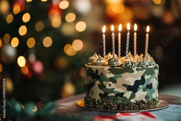 Obraz Birthday cake decorated in military camouflage with candles lit for celebration at festive gathering, Birthday cake with candles and military camouflage pattern on table against festive background