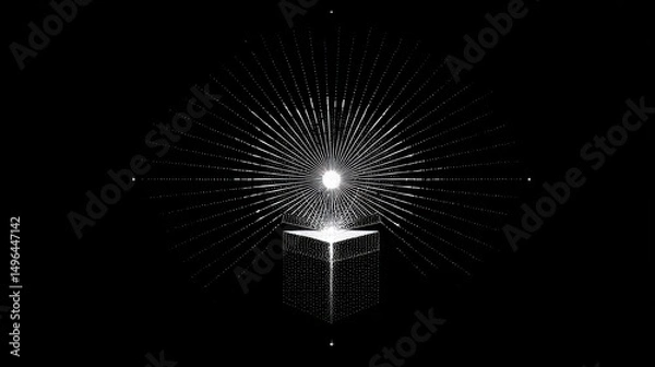 Fototapeta A gift cube box glowing with a yellowish white light on top, emitting small particles of light upwards, as if something magical or luminous was coming out of it.
