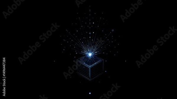 Fototapeta A gift cube box glowing with a yellowish white light on top, emitting small particles of light upwards, as if something magical or luminous was coming out of it.