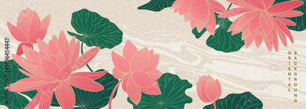 Fototapeta Vector asian poster with pink lotuses, water lilies, waves on pattern background. Luxury banner with line art flowers.