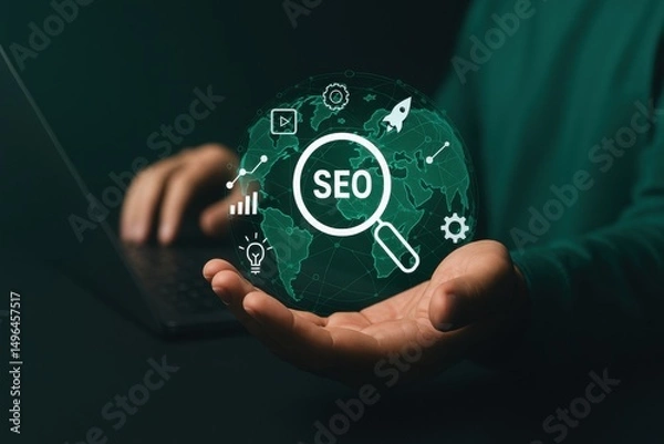 Fototapeta SEO Digital Globe Technology Concept | Person Holding World Globe with Search Engine Optimization Text and Icons for Digital Marketing