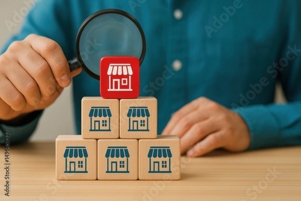 Fototapeta Franchise Business Expansion with Magnifying Glass Inspecting Store Icons | Business Growth Strategy, Market Research, and Investment Opportunity