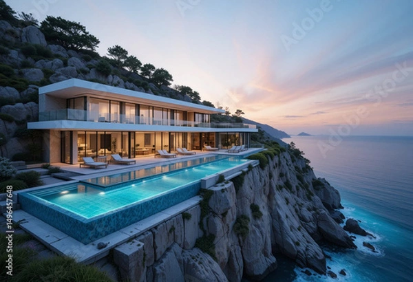 Fototapeta Ultra-Modern Luxury Cliffside Mansion with Infinity Pool and Ocean View