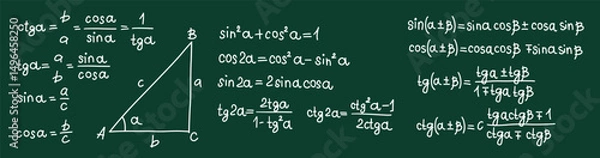 Fototapeta Mathematics formulas set. Hand drawn math trigonometry formulas and calculations on chalkboard. School green board with chalk freehand sketch symbols. Education concept. Isolated vector illustration