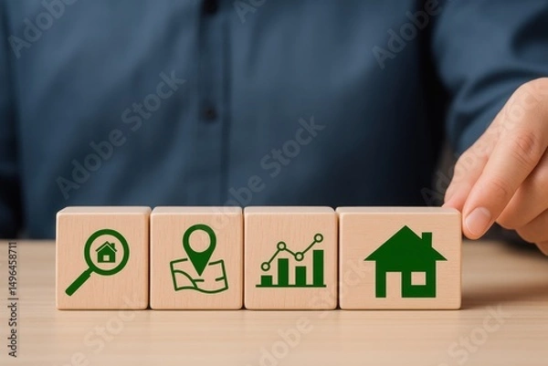 Fototapeta Real Estate Market Analysis with House Icon Blocks | Hand Touching Wooden Cubes Representing Property Search, Location, Analytics and Home Ownership for Investment or Mortgage Concepts