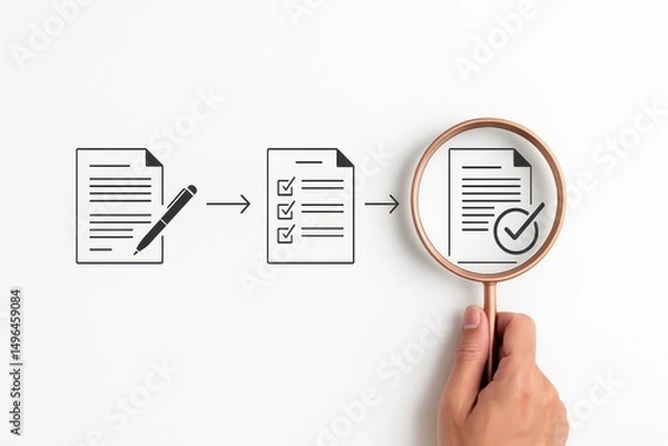 Fototapeta Process flow illustration: Document with pen, checklist, and magnifying glass on white