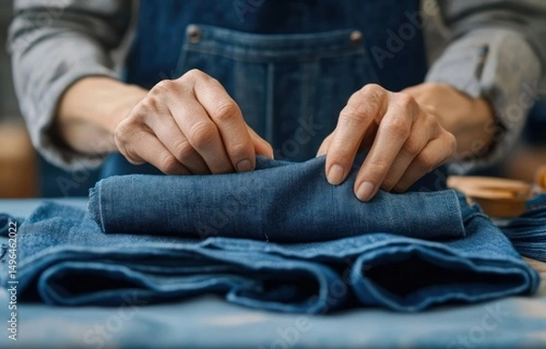 Fototapeta Close-up of hands folding blue denim fabric on a table with focus on careful fabric handling and craftsmanship