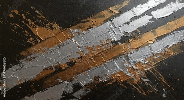 Fototapeta Abstract Metallic Brushstrokes: The interplay of metallic gold and silver brushstrokes against a stark black canvas forms a modern abstract artwork, exploring the textures and contrasts.