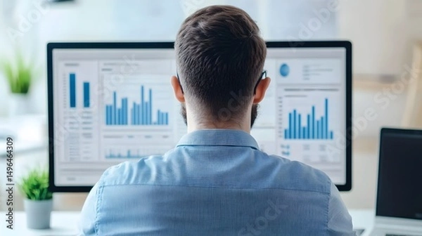 Fototapeta Business analyst reviewing corporate data through audit dashboard on screen