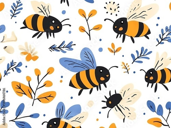 Fototapeta 可愛いミツバチと花のシームレスパターン