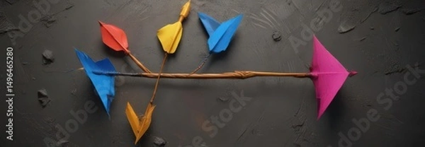 Fototapeta Close-up of three arrows forming a circle, vibrant colors on a textured surface ,  effort,  earth,  trash