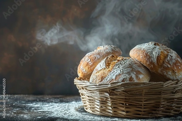 Obraz Fresh bread loaves dusted with flour arranged in a woven basket steaming slightly