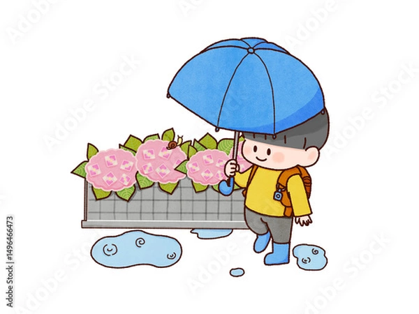 Fototapeta 雨　こども　紫陽花　道