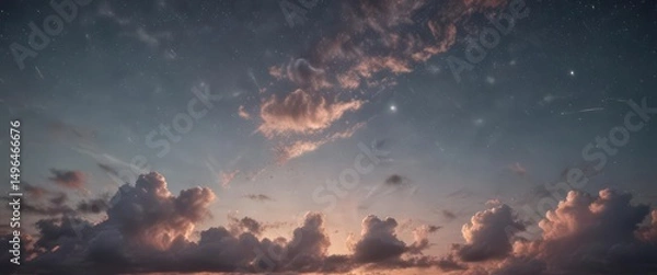 Fototapeta Faded retro sky, distressed paper texture  Wispy clouds, twinkling stars , worn, dreamy, graphics