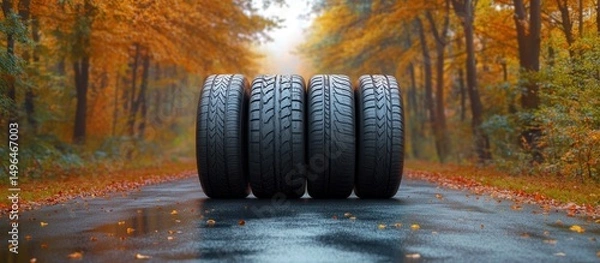 Fototapeta Four car tires standing upright on a wet road surrounded by autumn forest with orange leaves and soft fog in the background