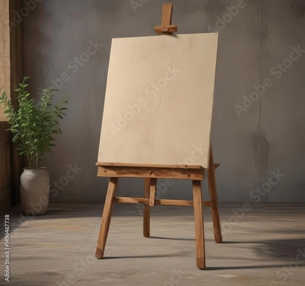 Fototapeta Rustic wooden easel legs support a pristine canvas ,  workspace,  vintage,  craft