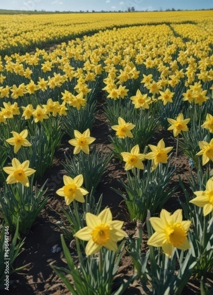 Fototapeta Vast field of daffodils bathed in sunlight, clear blue sky above , clear, blossom, spring