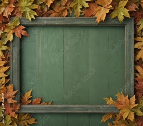 Fototapeta Rustic fall leaves frame, blank green wood sign , border, autumn leaves border, blank sign