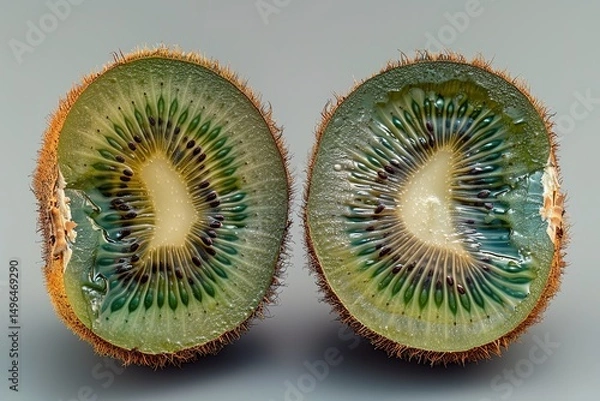 Obraz Halved kiwi fruit close-up showcasing green flesh black seeds and fuzzy brown skin