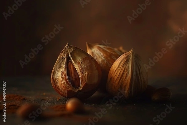 Obraz Hazelnut Trio: Close-up on edible nuts and shells warm tones and rustic charm