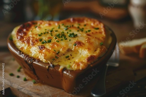 Obraz Heart Shaped Food: Cheese-covered delight in a rustic setting ready to be devoured