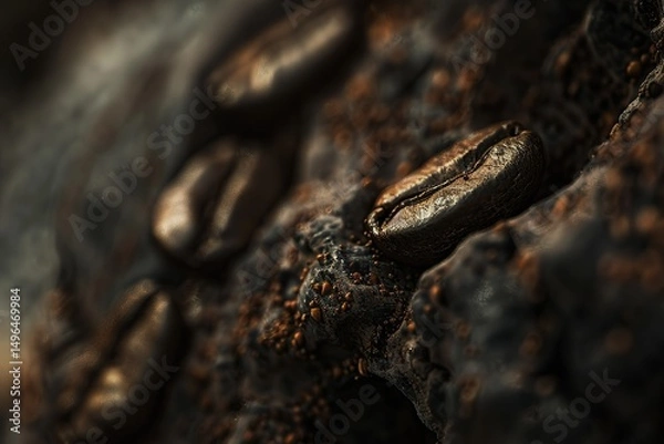Obraz Macro close-up shot of several roasted coffee beans on a rough textured surface