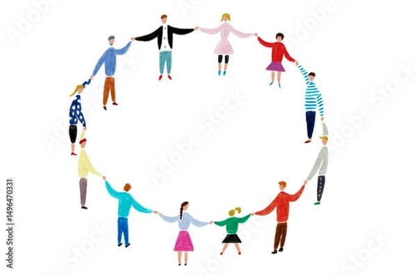 Obraz 手描きイラスト　輪になって手をつなぐ人々