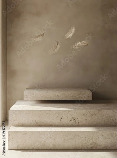 Fototapeta Light beige steps, floating feathers