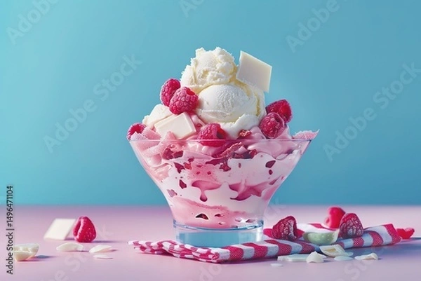 Obraz Raspberry white chocolate sundae dessert served on a pink table against a blue backdrop
