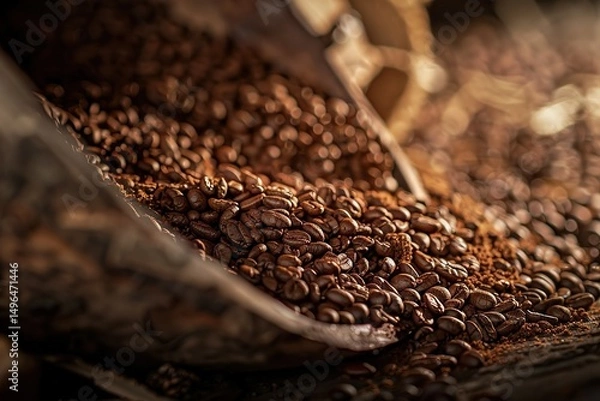 Obraz Roasted coffee beans cascade from a rustic scoop promising rich flavor and aroma