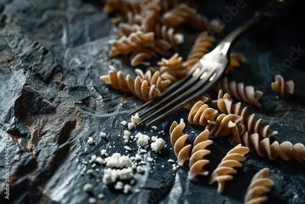 Fototapeta Rotini pasta served with a fork and sprinkled cheese on a dark textured surface