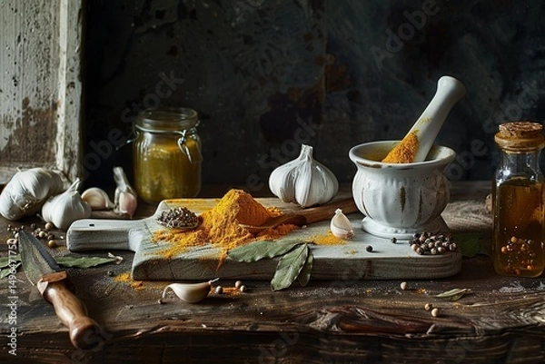 Obraz Rustic kitchen still life: Spices garlic and mortar and pestle on wooden surface