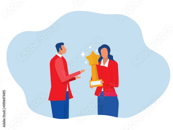 Fototapeta Business people boss giving golden star badge to winning  employee.Employee award recognition, success achievement reward or top star performer of the month.